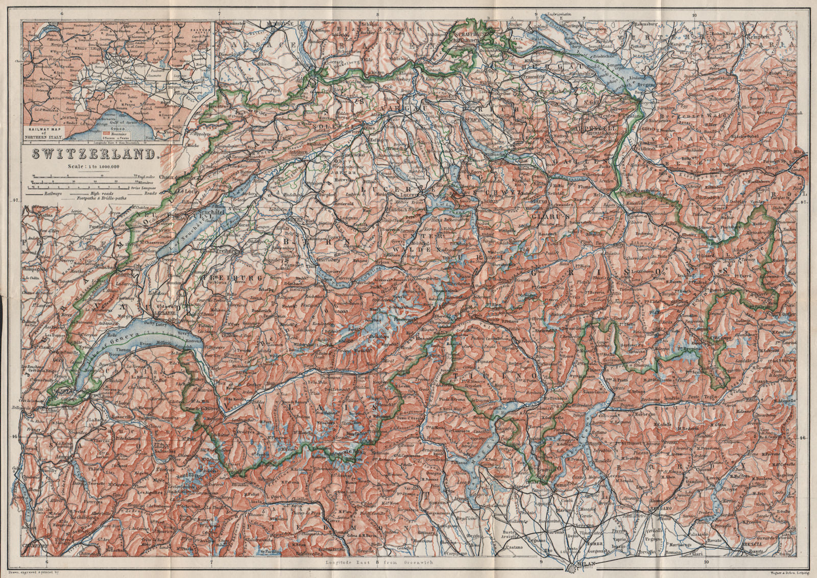 Map of Switzerland Suisse Schweiz. Northern Italy railways carte karte 1889